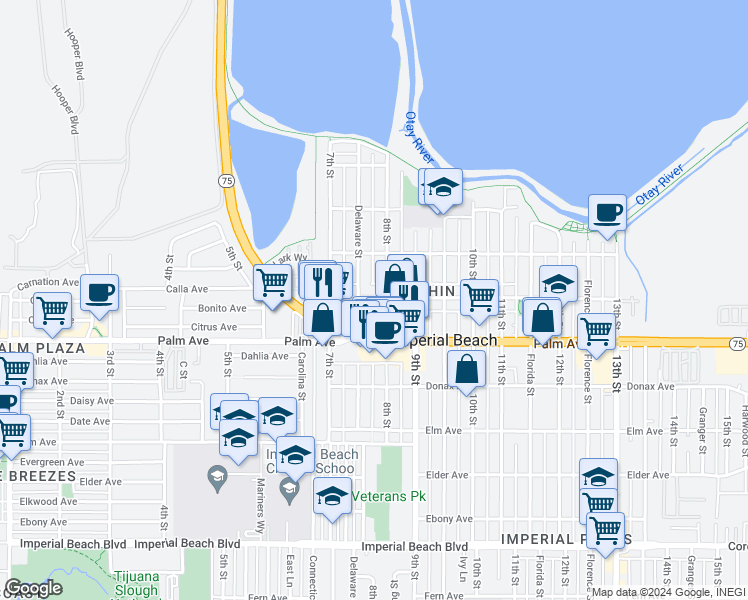 map of restaurants, bars, coffee shops, grocery stores, and more near 580 8th Street in Imperial Beach