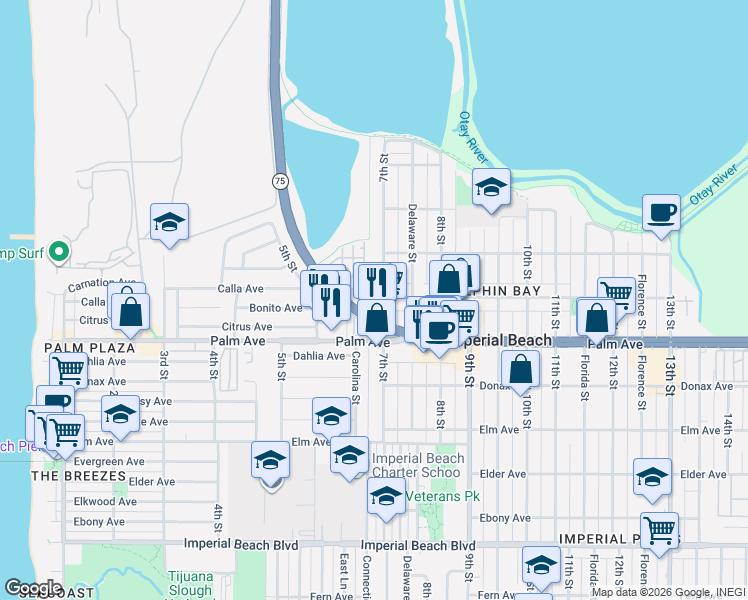 map of restaurants, bars, coffee shops, grocery stores, and more near 580 7th Street in Imperial Beach