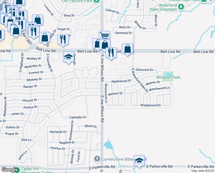 map of restaurants, bars, coffee shops, grocery stores, and more near 201 Rosewood Lane in Cedar Hill