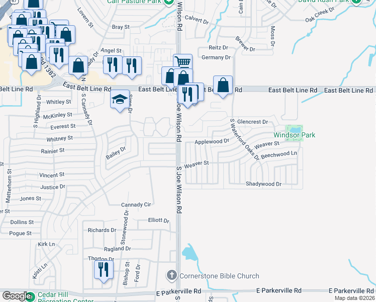 map of restaurants, bars, coffee shops, grocery stores, and more near 218 Birchwood Lane in Cedar Hill