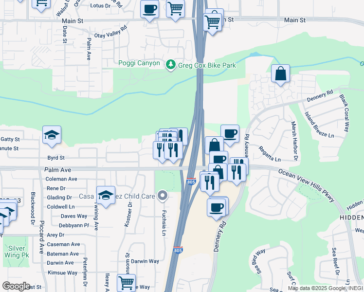 map of restaurants, bars, coffee shops, grocery stores, and more near 4439 Powderhorn Drive in San Diego