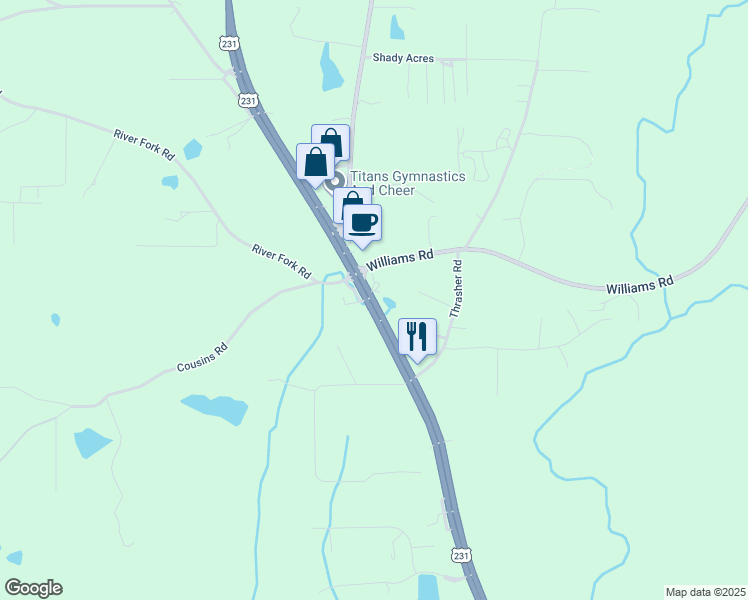 map of restaurants, bars, coffee shops, grocery stores, and more near 10704 U.S. 231 in Wetumpka
