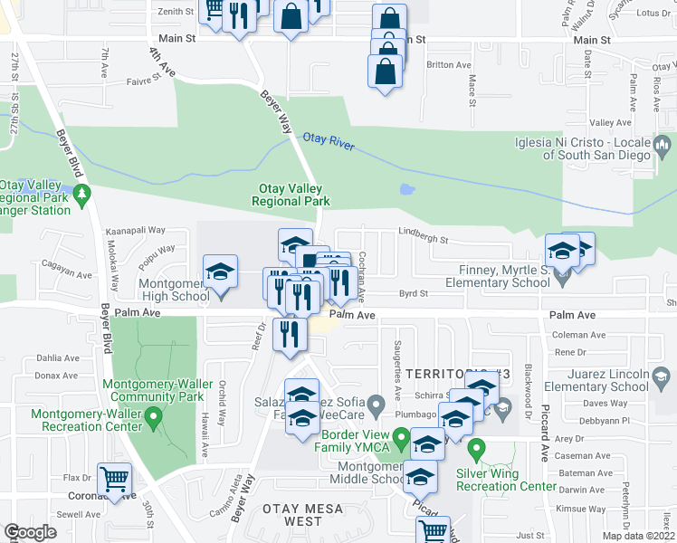 map of restaurants, bars, coffee shops, grocery stores, and more near 615 Beyer Way in San Diego