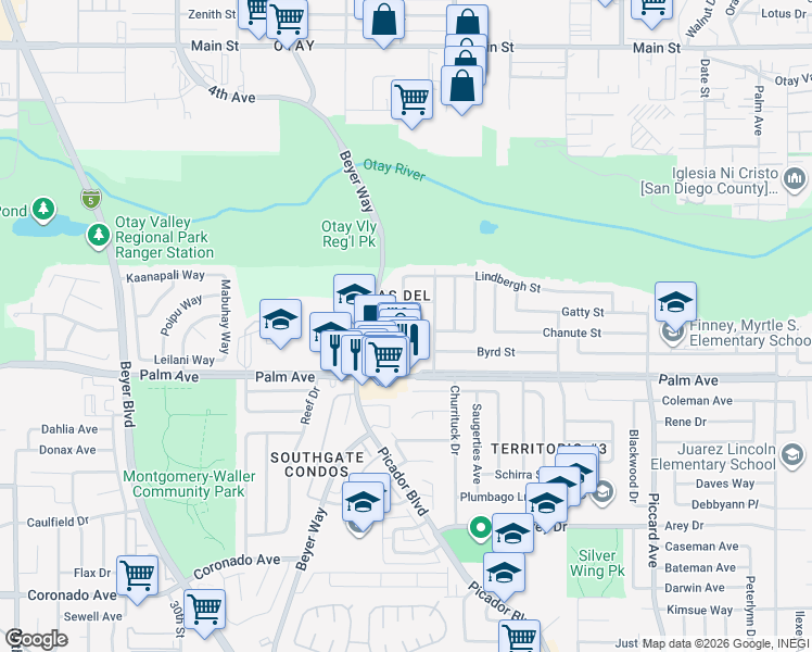 map of restaurants, bars, coffee shops, grocery stores, and more near 609 Beyer Way in San Diego