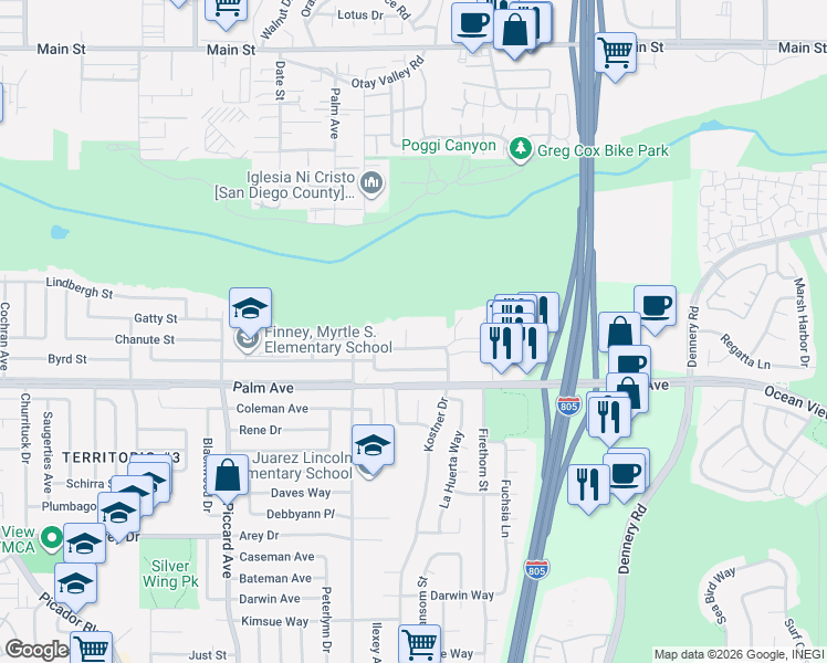 map of restaurants, bars, coffee shops, grocery stores, and more near 623 Serrena Lane in San Diego