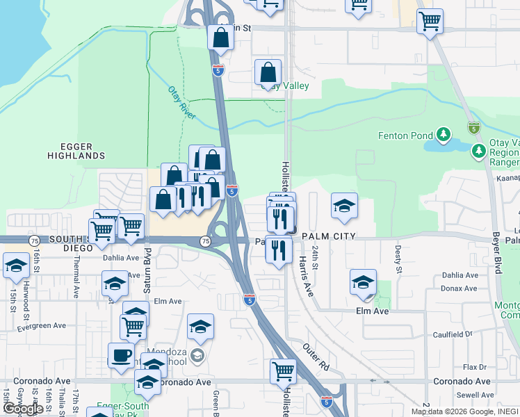 map of restaurants, bars, coffee shops, grocery stores, and more near 2249 Conifer Avenue in San Diego