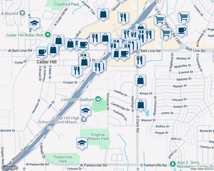 map of restaurants, bars, coffee shops, grocery stores, and more near 240 Somerset Drive in Cedar Hill
