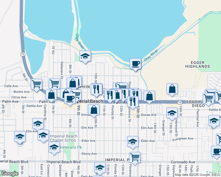 map of restaurants, bars, coffee shops, grocery stores, and more near 578 Florida Street in Imperial Beach