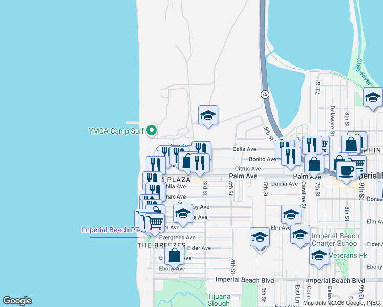 map of restaurants, bars, coffee shops, grocery stores, and more near 229 Carnation Avenue in Imperial Beach