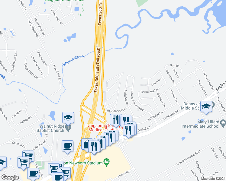 map of restaurants, bars, coffee shops, grocery stores, and more near 1426 Texas 360 in Mansfield