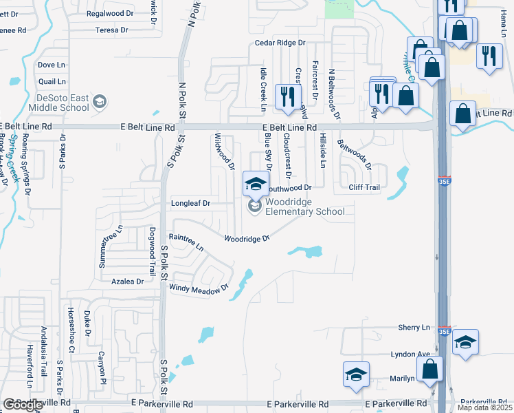 map of restaurants, bars, coffee shops, grocery stores, and more near 1001 Woodridge Drive in DeSoto