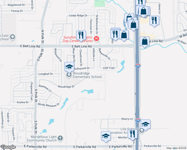 map of restaurants, bars, coffee shops, grocery stores, and more near 1116 Southwood Drive in DeSoto