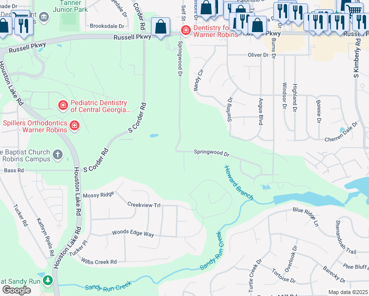 map of restaurants, bars, coffee shops, grocery stores, and more near 400 Springwood Drive in Warner Robins