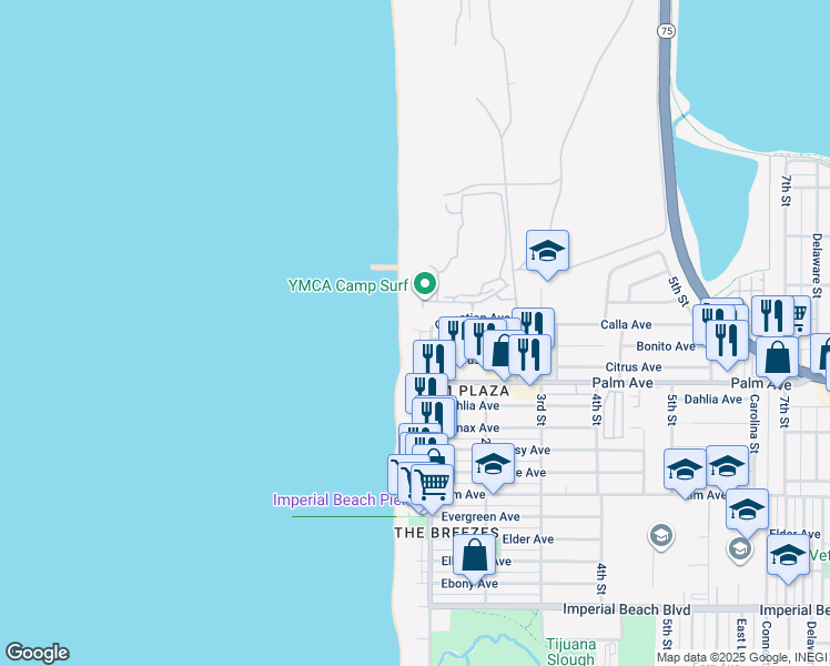 map of restaurants, bars, coffee shops, grocery stores, and more near 622 Ocean Lane in Imperial Beach