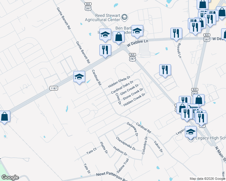 map of restaurants, bars, coffee shops, grocery stores, and more near 1302 Cardinal Oaks Drive in Mansfield