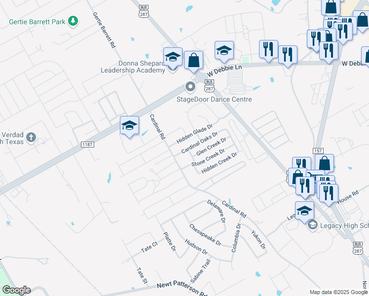 map of restaurants, bars, coffee shops, grocery stores, and more near 1302 Cardinal Oaks Drive in Mansfield