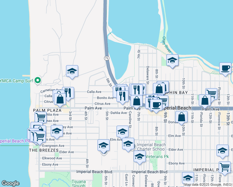map of restaurants, bars, coffee shops, grocery stores, and more near 579 Calla Avenue in Imperial Beach