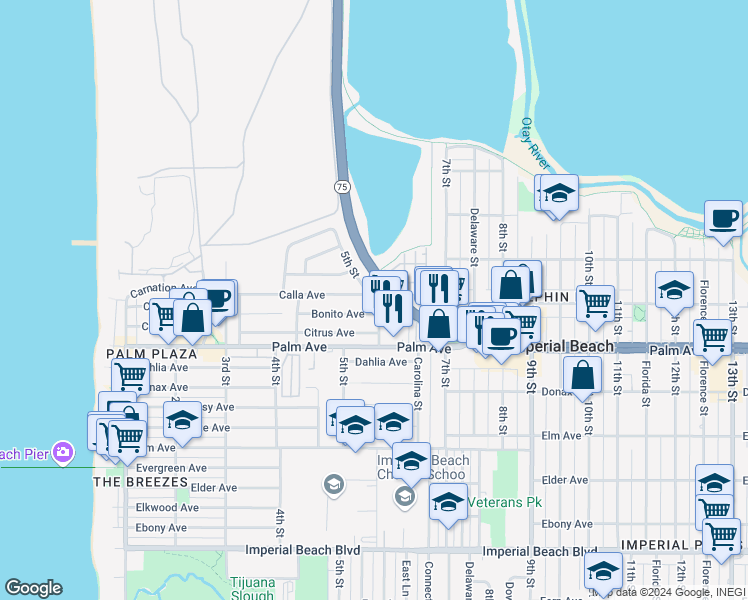 map of restaurants, bars, coffee shops, grocery stores, and more near 579 Calla Avenue in Imperial Beach