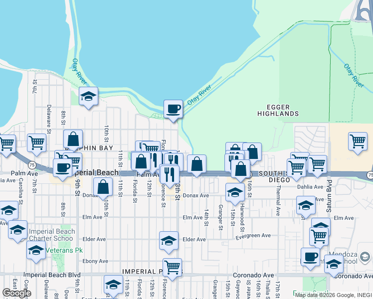 map of restaurants, bars, coffee shops, grocery stores, and more near in San Diego
