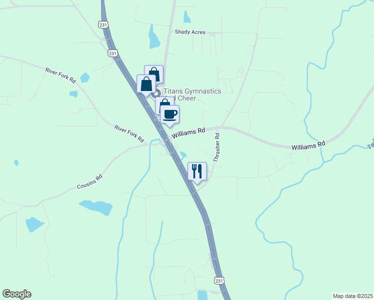 map of restaurants, bars, coffee shops, grocery stores, and more near 10704 U.S. 231 in Wetumpka