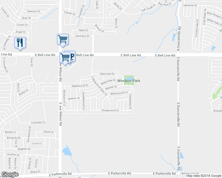 map of restaurants, bars, coffee shops, grocery stores, and more near 1120 Weaver Street in Cedar Hill