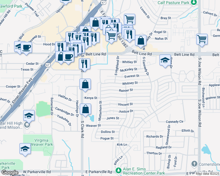 map of restaurants, bars, coffee shops, grocery stores, and more near 405 Whitney Street in Cedar Hill