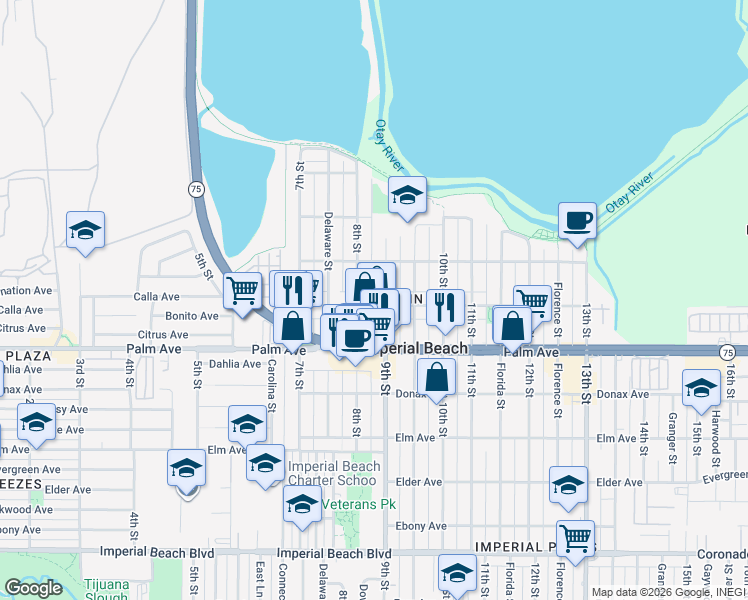 map of restaurants, bars, coffee shops, grocery stores, and more near 580 8th Street in Imperial Beach
