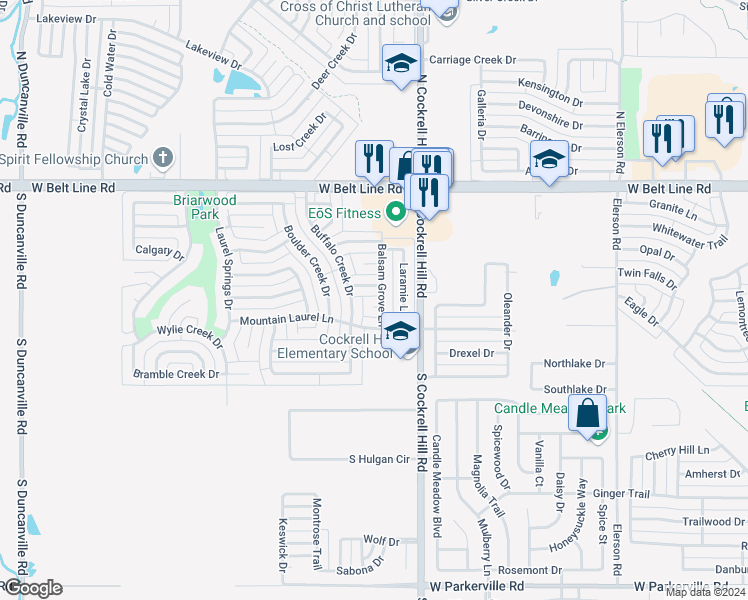 map of restaurants, bars, coffee shops, grocery stores, and more near 309 Balsam Grove Court in DeSoto