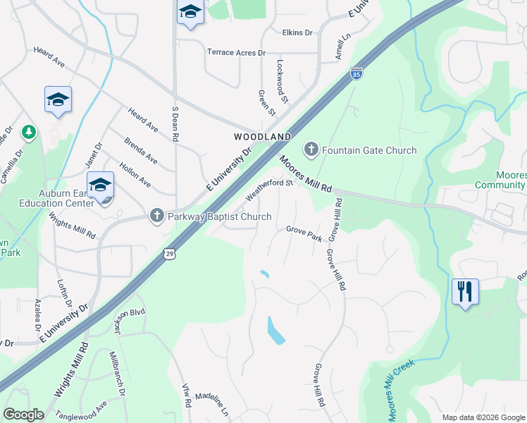 map of restaurants, bars, coffee shops, grocery stores, and more near Walden Lane in Auburn
