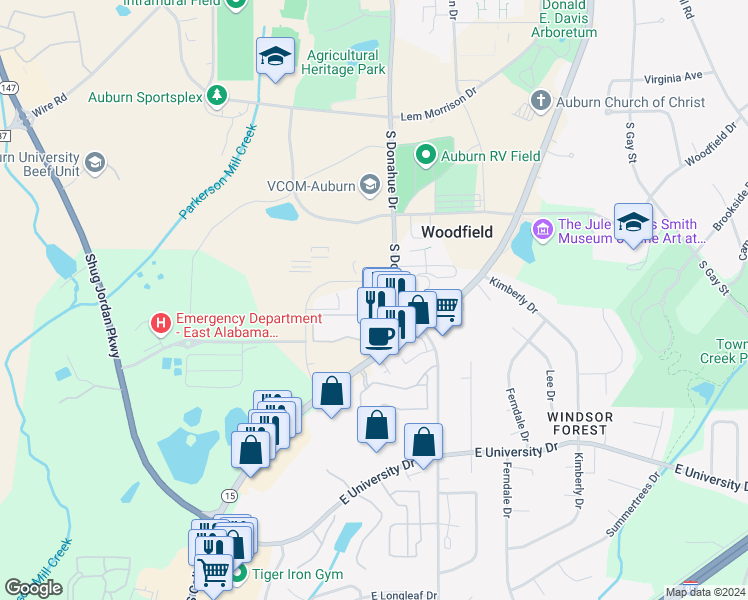 map of restaurants, bars, coffee shops, grocery stores, and more near 521 Devall Drive in Auburn