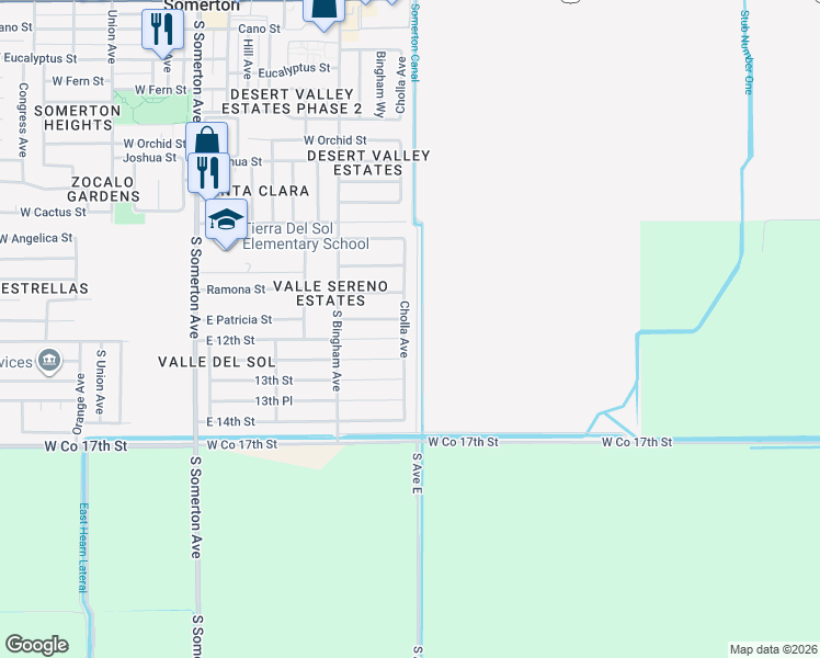 map of restaurants, bars, coffee shops, grocery stores, and more near 1288 Cholla Avenue in Somerton