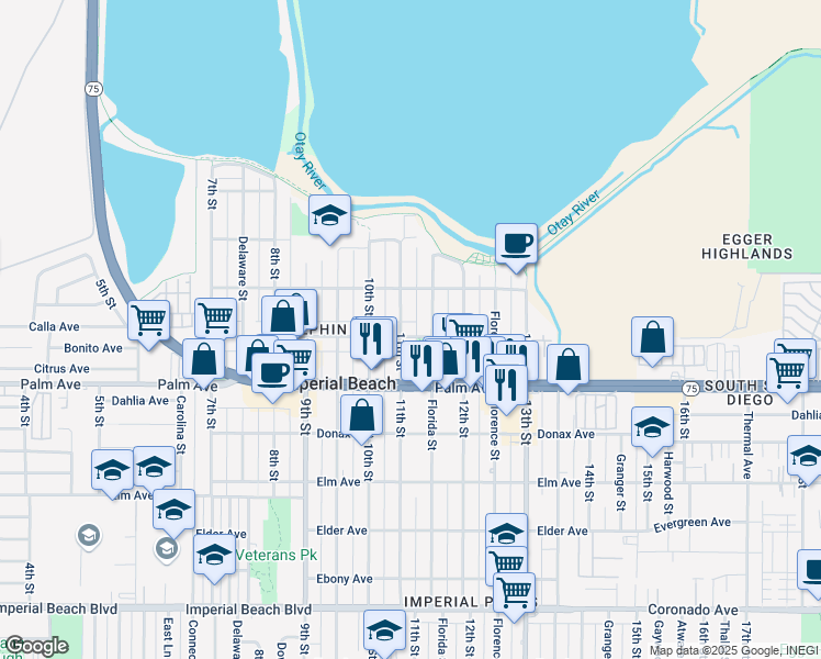map of restaurants, bars, coffee shops, grocery stores, and more near 578 Florida Street in Imperial Beach