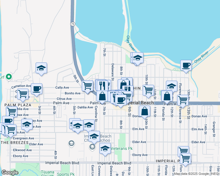 map of restaurants, bars, coffee shops, grocery stores, and more near 740 Calla Avenue in Imperial Beach