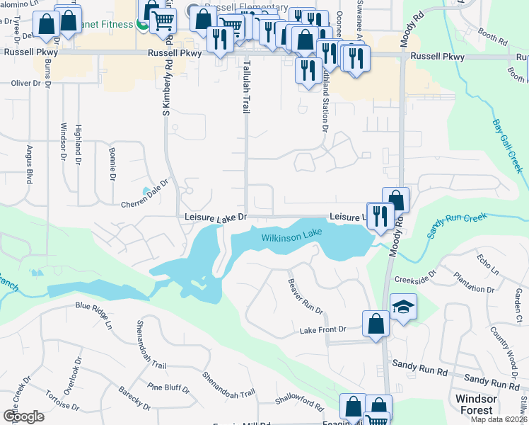 map of restaurants, bars, coffee shops, grocery stores, and more near 102 Ridge Pointe Court in Warner Robins