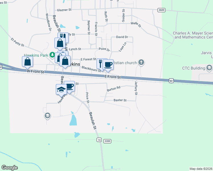map of restaurants, bars, coffee shops, grocery stores, and more near 508 Burton Road in Hawkins