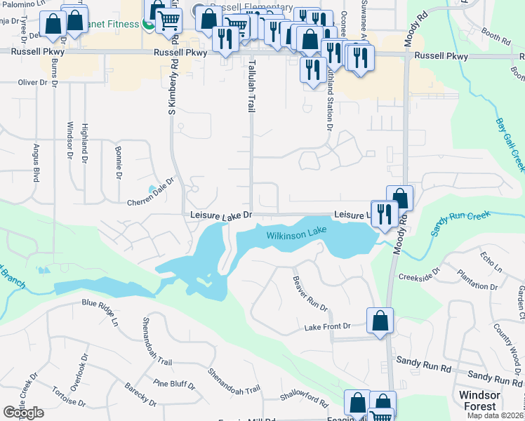 map of restaurants, bars, coffee shops, grocery stores, and more near 102 Ridge Pointe Court in Warner Robins