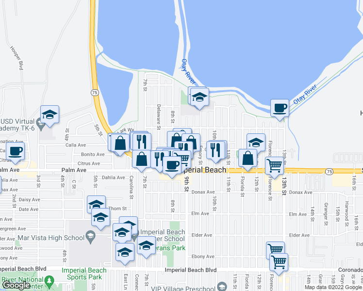 map of restaurants, bars, coffee shops, grocery stores, and more near 856 Calla Avenue in Imperial Beach