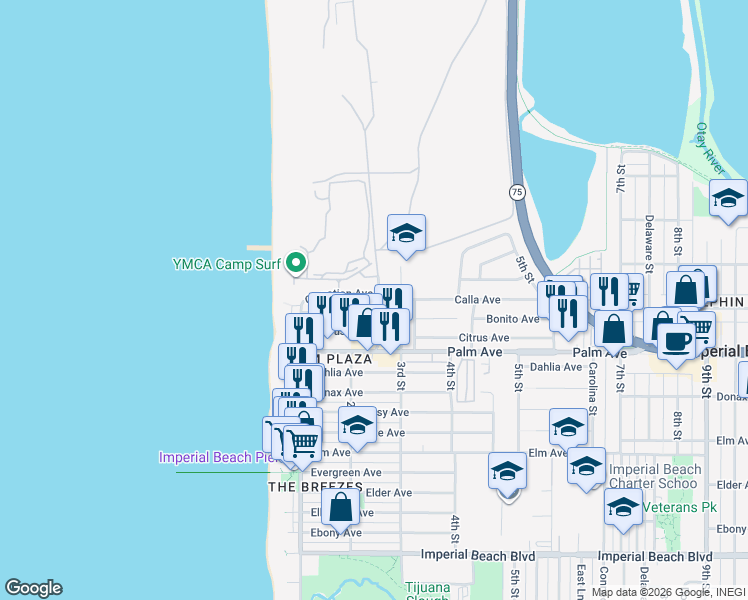 map of restaurants, bars, coffee shops, grocery stores, and more near 229 Carnation Avenue in Imperial Beach