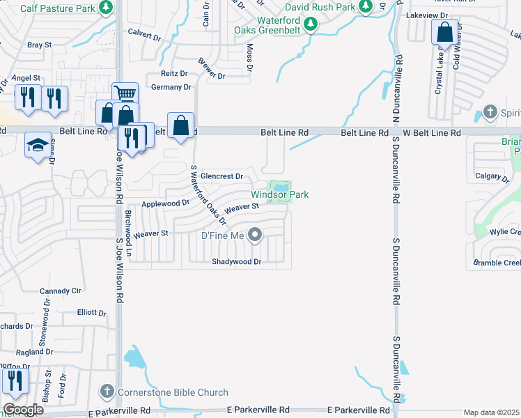 map of restaurants, bars, coffee shops, grocery stores, and more near 1146 Weaver Street in Cedar Hill