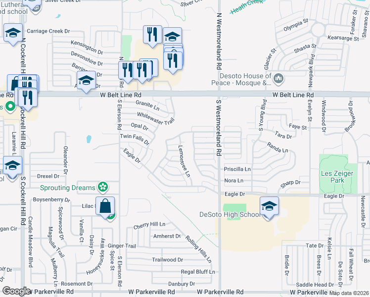 map of restaurants, bars, coffee shops, grocery stores, and more near 216 Lemontree Lane in DeSoto