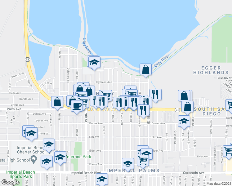 map of restaurants, bars, coffee shops, grocery stores, and more near 578 Florida Street in Imperial Beach