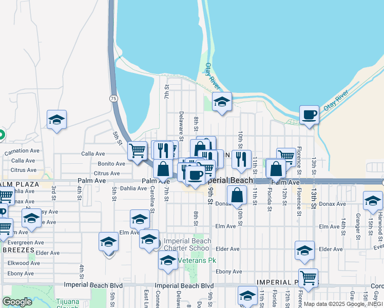 map of restaurants, bars, coffee shops, grocery stores, and more near 580 8th Street in Imperial Beach