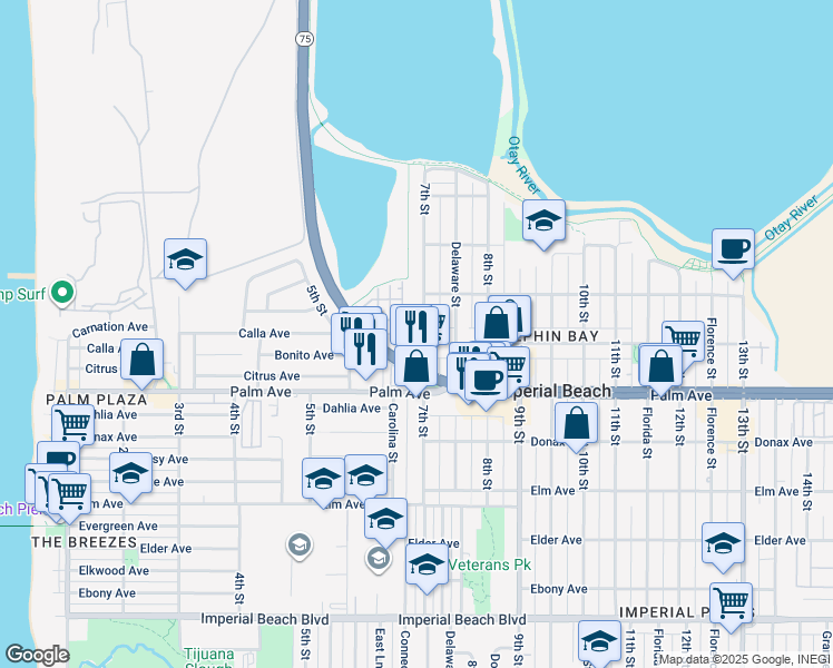 map of restaurants, bars, coffee shops, grocery stores, and more near 580 7th Street in Imperial Beach
