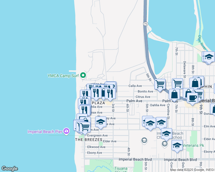 map of restaurants, bars, coffee shops, grocery stores, and more near 229 Carnation Avenue in Imperial Beach