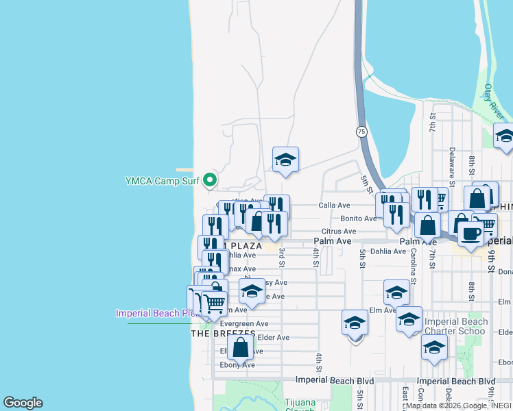 map of restaurants, bars, coffee shops, grocery stores, and more near 229 Carnation Avenue in Imperial Beach