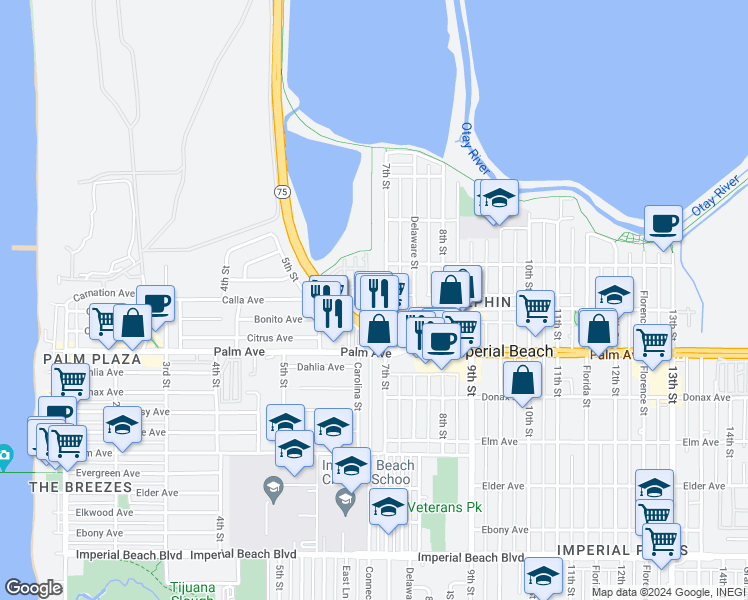 map of restaurants, bars, coffee shops, grocery stores, and more near 586 7th Street in Imperial Beach
