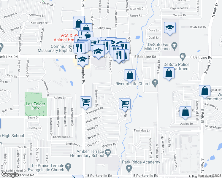 map of restaurants, bars, coffee shops, grocery stores, and more near 303 Terrace Drive in DeSoto