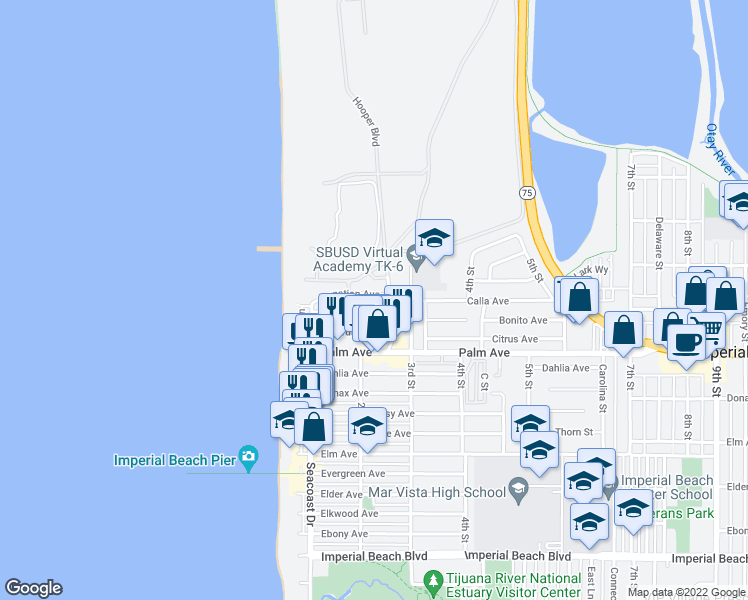 map of restaurants, bars, coffee shops, grocery stores, and more near 229 Carnation Avenue in Imperial Beach
