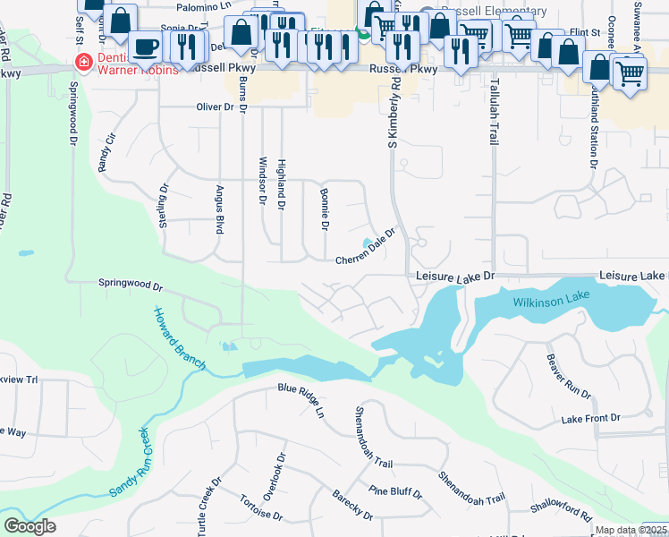 map of restaurants, bars, coffee shops, grocery stores, and more near 134 Cherren Dale Drive in Warner Robins