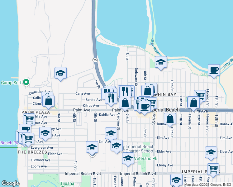 map of restaurants, bars, coffee shops, grocery stores, and more near 511 Hummingbird Lane in Imperial Beach